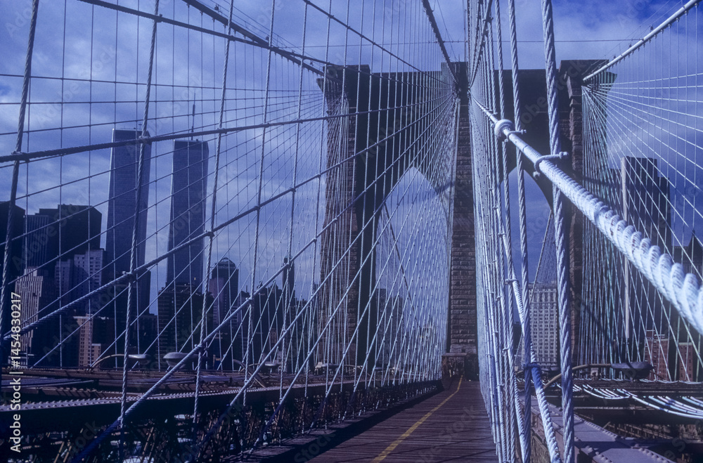 View of the Twin Towers from the Brooklyn Bridge in NYC from the 1980s.
