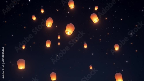 Traditional paper lantern floating into starry night sky during cultural festival with glowing light