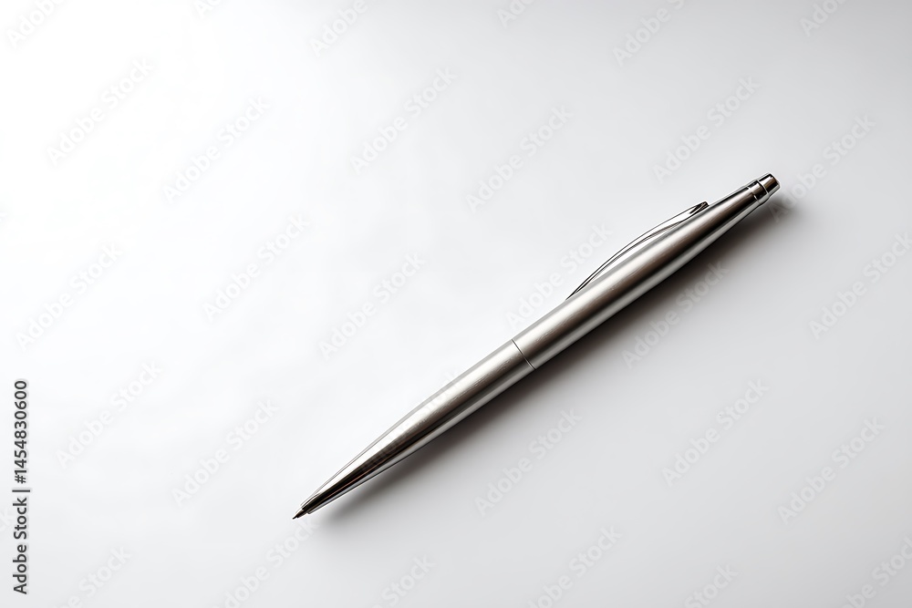 A close-up view of a sleek silver pen, resting on a pristine white background, ready to capture ideas and thoughts. A close-up view of a sleek silver pen, resting on a pristine white background, ready to capture ideas and thoughts.
