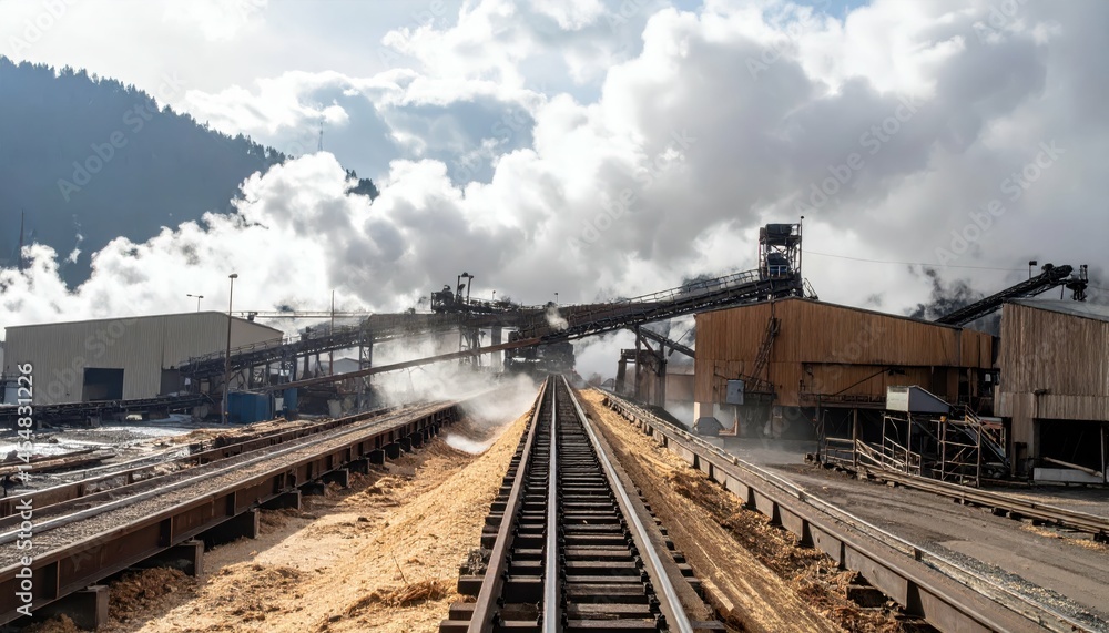Fototapeta premium Industrial Landscape with Railway Tracks and Machinery in Operation