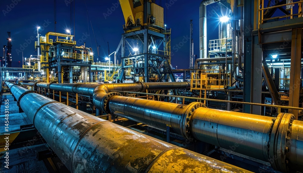 Industrial Pipelines and Equipment at Night in Oil Refinery Facility Industrial Pipelines and Equipment at Night in Oil Refinery Facility