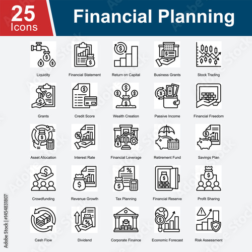 Financial Planning is a collection of icons covering essential aspects of personal and corporate finance, including budgeting, investment strategies, savings, risk management, and long-term wealth.