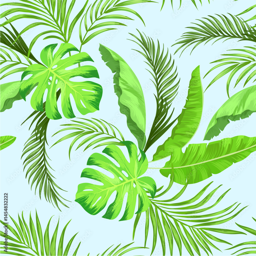 Obraz premium Green tropical palm leaves seamless vector pattern on the black background. Trendy summer print.