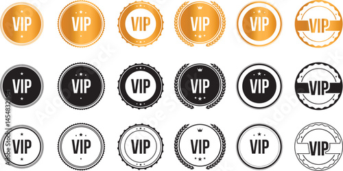 Vector collection of gold and black VIP badges and labels.