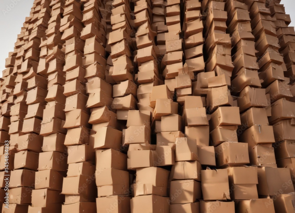 Fototapeta premium A towering pile of brown cardboard awaiting disposal , discarded, recycling, used
