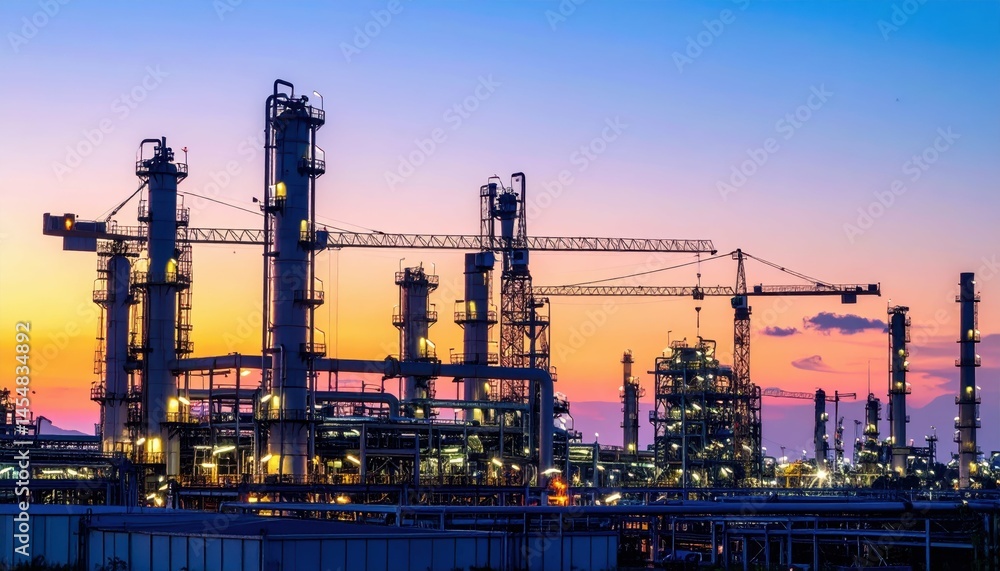 Industrial Complex with Tall Towers Against a Vibrant Sunset Sky Industrial Complex with Tall Towers Against a Vibrant Sunset Sky