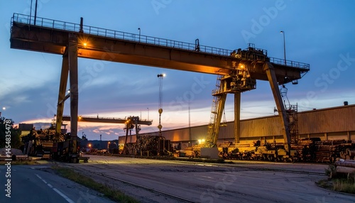 Industrial Crane at Dusk with Dramatic Sky and Illuminated Worksite