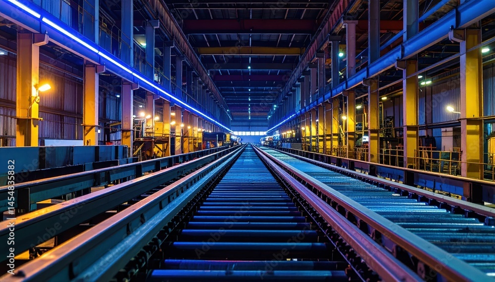 Industrial Warehouse Interior with Rail Tracks and Vibrant Lighting Industrial Warehouse Interior with Rail Tracks and Vibrant Lighting
