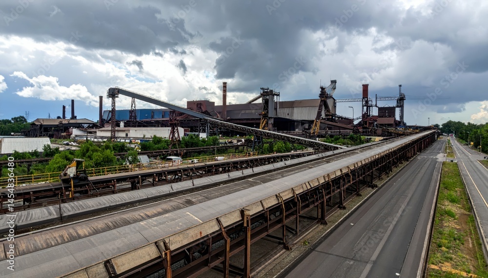Fototapeta premium Industrial Landscape with Steel Mills and Conveyors Under Cloudy Sky