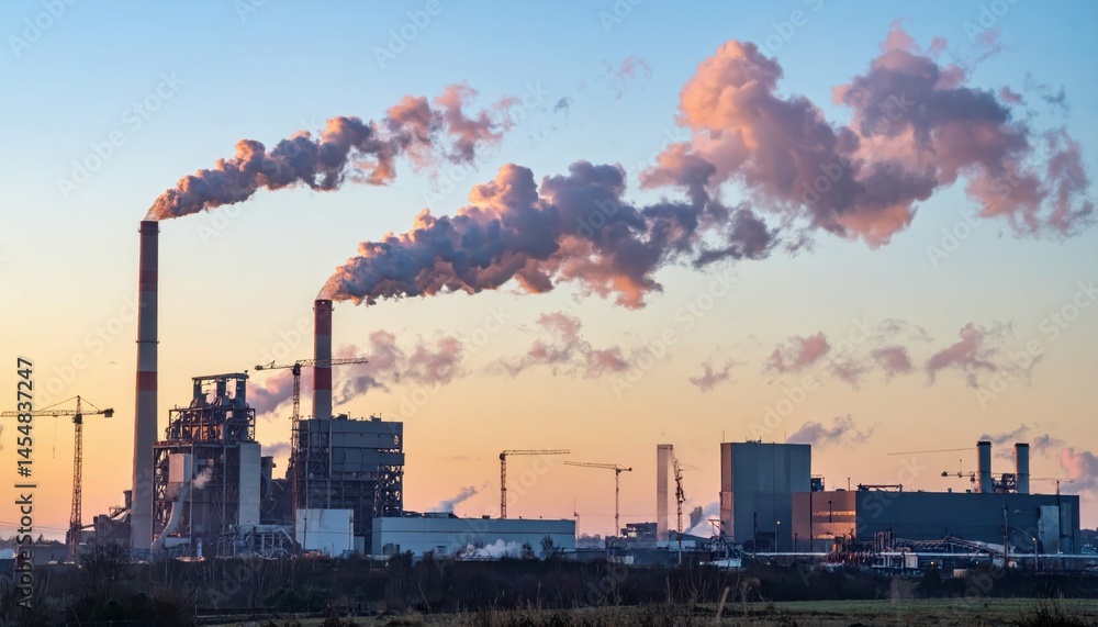 Obraz premium Industrial Power Plant Emitting Smoke at Sunset with Cranes Nearby