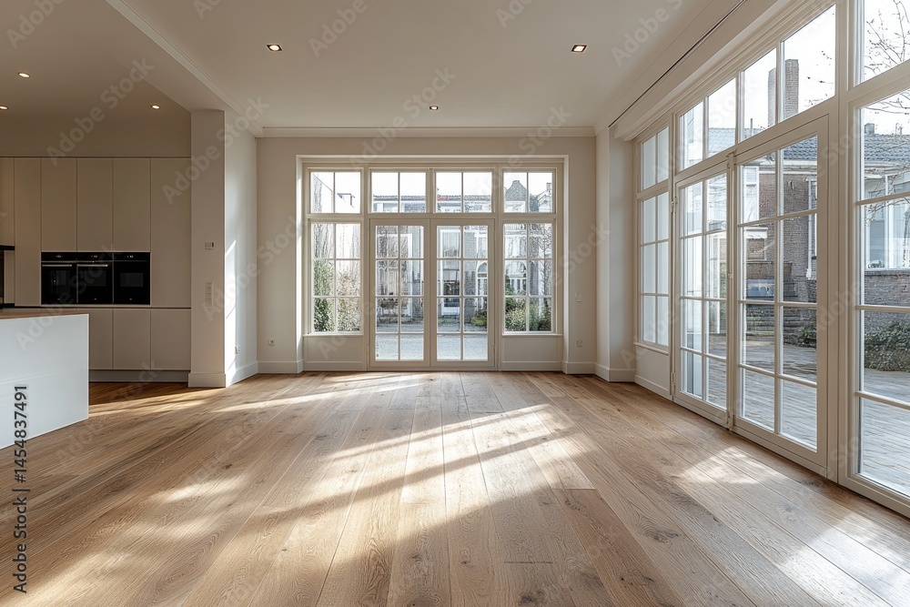 Obraz premium Spacious, sun-drenched interior with hardwood floors and large windows.