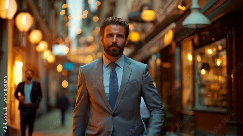 Confident businessman walking warmly lit avenue professional urban portrait Confident businessman walking warmly lit avenue professional urban portrait