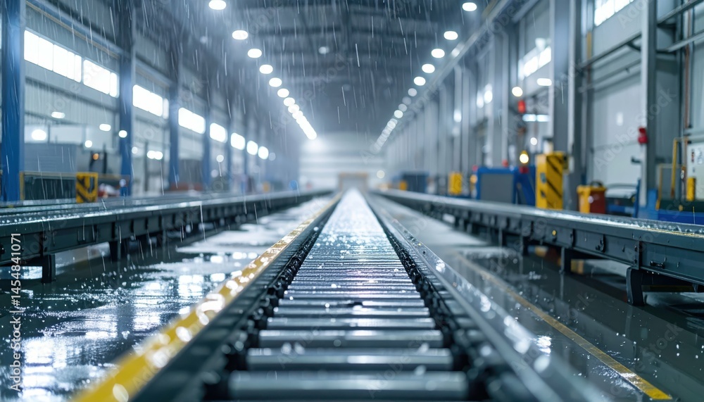 Fototapeta premium Industrial Warehouse with Rain and Reflections on the Floor