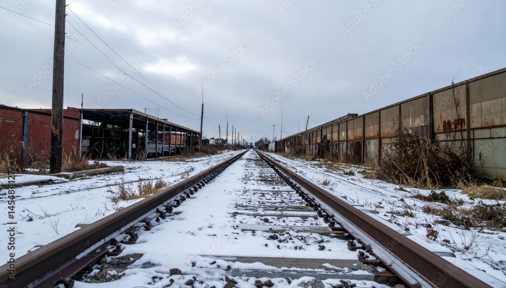 Fototapeta premium Winter Scene of Abandoned Railway Tracks Surrounded by Ruins