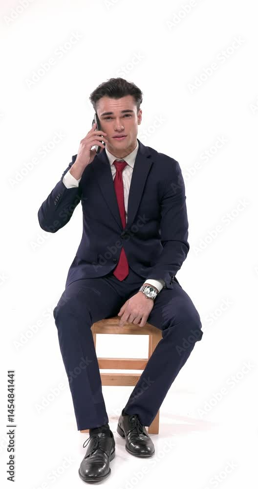 project video of sexy young man in navy blue suit answering the phone, having a conversation while sitting on wooden chair project video of sexy young man in navy blue suit answering the phone, having a conversation while sitting on wooden chair