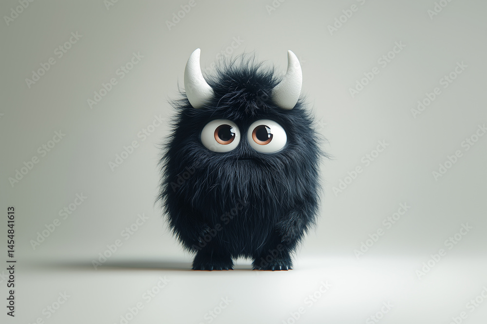 Fototapeta premium fairy-tale animal monster created by children's imagination that looks like a fluffy black puppy or bear cub with big eyes and white bent horns