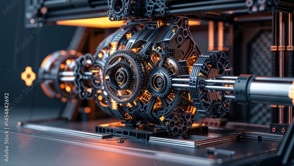 Fototapeta premium Close-up of an intricate, gear-driven machine. The dark metallic components are illuminated with warm orange light, highlighting the complex engineering.
