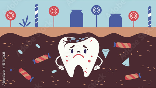 Sad tooth surrounded by candy in a messy environment  