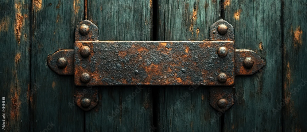 Fototapeta premium Old wooden door features rusty iron hinge, suggesting history, age, deterioration.