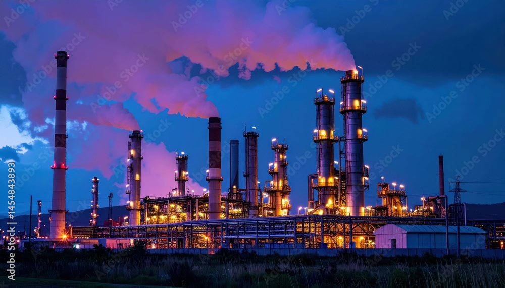 Fototapeta premium Industrial Complex with Emitting Smokestacks at Dusk in Vibrant Colors