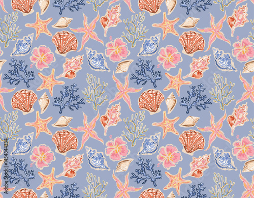 eamless Marine Life Pattern Vector Lobsters Corals Seaweed Coral Shells, star fish Seamless pattern Vector Illustration