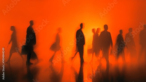 Silhouettes of businesspeople walking through orange haze in motion blur style.