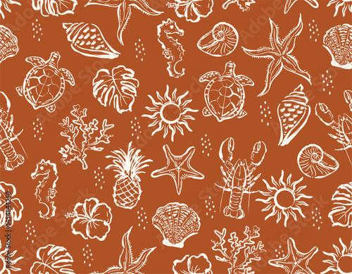 eamless Marine Life Pattern Vector Lobsters Corals Seaweed Coral Shells, star fish Seamless pattern Vector Illustration