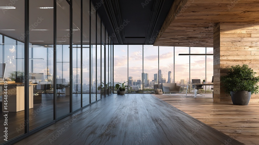 Fototapeta premium Modern Open Plan Office with Glass Walls and Wooden Features