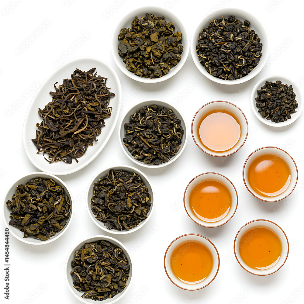 Fototapeta premium Various loose leaf teas and brewed cups arranged on a surface isolated on white background