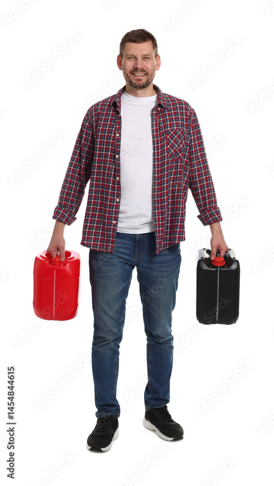 Man with plastic canisters on white background Man with plastic canisters on white background