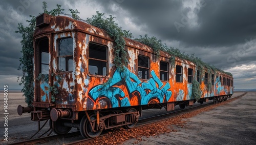 Rusty train car covered in graffiti and overgrown with plants sits on a deserted track under a dramatic sky. A scene of urban decay and nature's reclaiming.