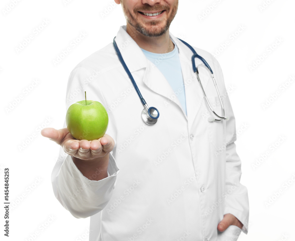 Nutritionist with green apple and stethoscope on white background, closeup Nutritionist with green apple and stethoscope on white background, closeup