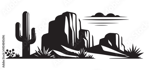 Silhouette of Desert Landscape with Cactus and Mountains Artwork
