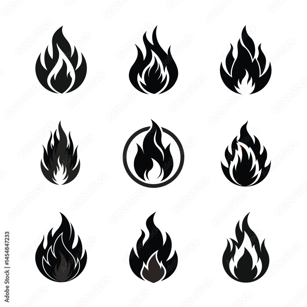 9 fire icon set on white background 9 fire icon set on white background