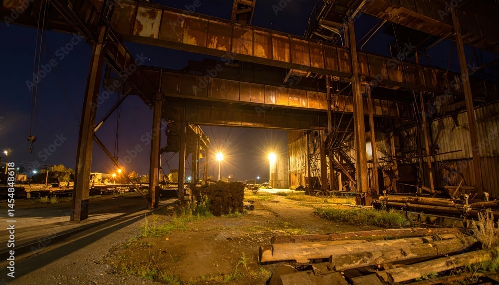 Fototapeta premium Dark Abandoned Industrial Warehouse with Rusty Structures and Lights