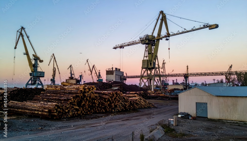 Industrial Port with Cranes Overlooking Timber Stack at Sunset Industrial Port with Cranes Overlooking Timber Stack at Sunset