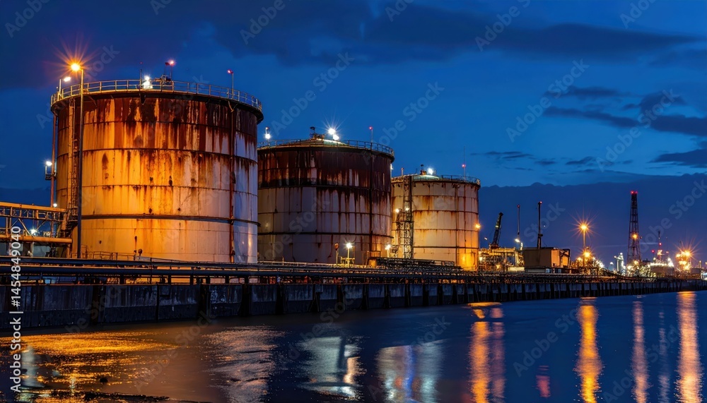 Obraz premium Industrial Oil Storage Tanks Reflected in Water During Night Sky