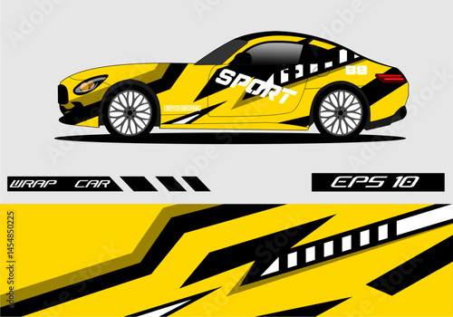 Yellow sports car wrap design with dynamic graphics