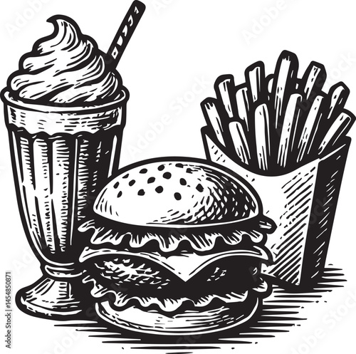 fast food burger milkshake and french fries vector illustration