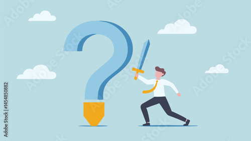 Businessman battles giant question mark sword in hand seeking answers flat