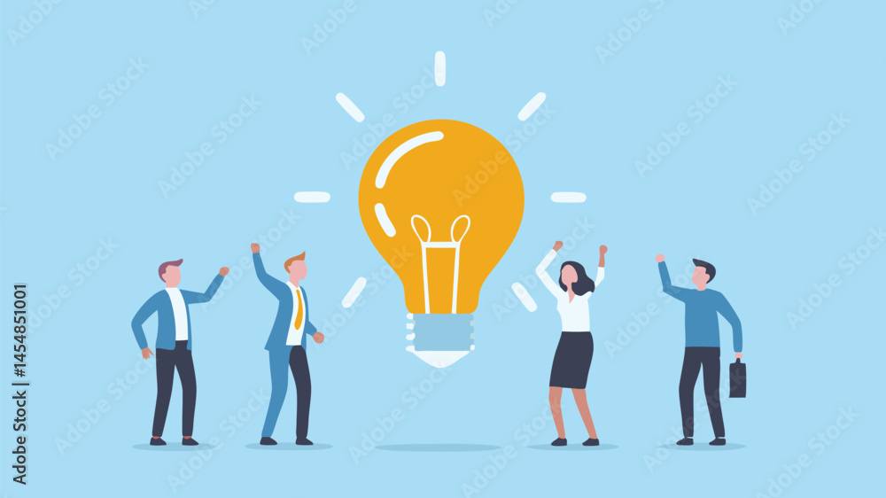 Team celebrates breakthrough idea bright lightbulb success innovation Team celebrates breakthrough idea bright lightbulb success innovation