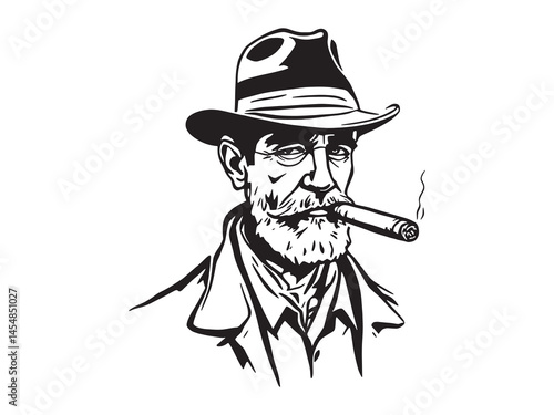 minimalistic smoker figure in detailed line art drawing