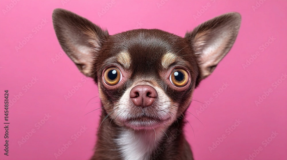 Chihuahua with Dramatic Wide Eyes Sitting Against a Pink Background Chihuahua with Dramatic Wide Eyes Sitting Against a Pink Background