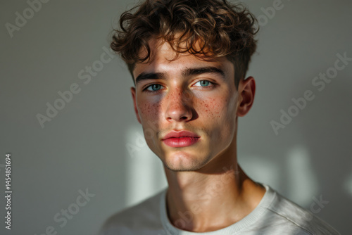 A young man with a beard and blue eyes is standing in front of a white wall