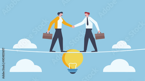 Businessmen shaking hands balancing on a tightrope above a lightbulb symbolizing