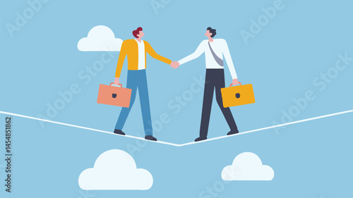 Businessmen shaking hands balancing act successful partnership tightrope walk