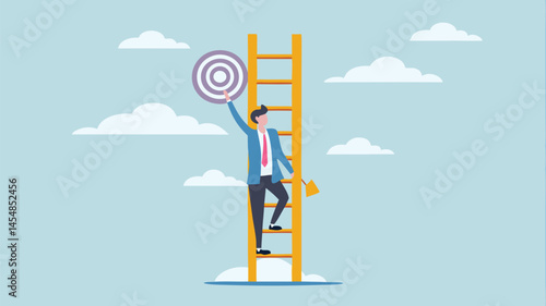 Reaching Goals Businessman climbs ladder achieves target success ambition vector