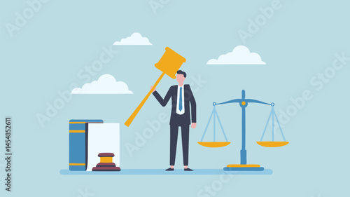 Determined lawyer fights for justice wielding gavel scales of justice nearby