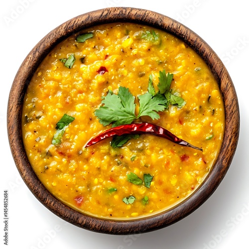 Bowl of yellow dal garnished with cilantro and chili isolated on white background