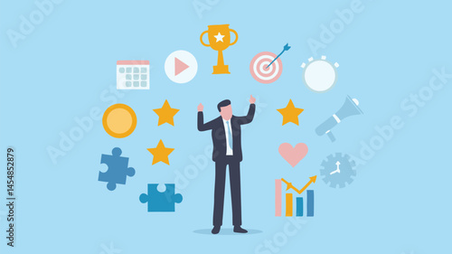 Successful businessman juggling achievements goals and teamwork vibrant